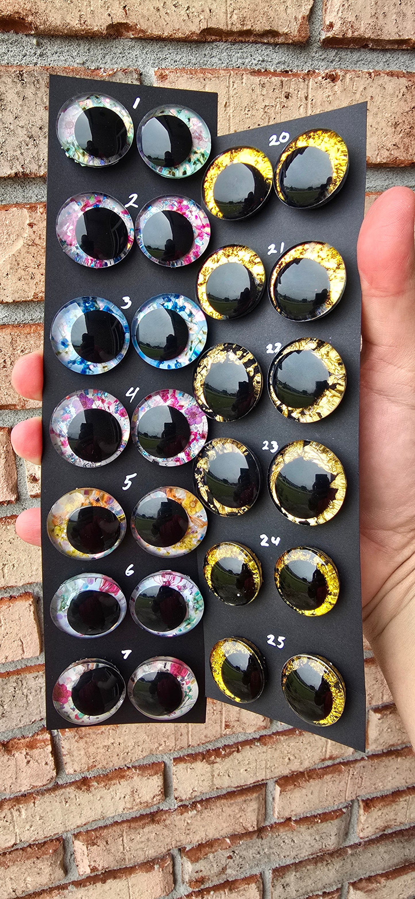 READY TO SHIP Specialty Dried Flowers and Gold Eyes Limited Supply Handpainted Glitter Sinker Recessed Safety Eyes Amigurumi Crochet