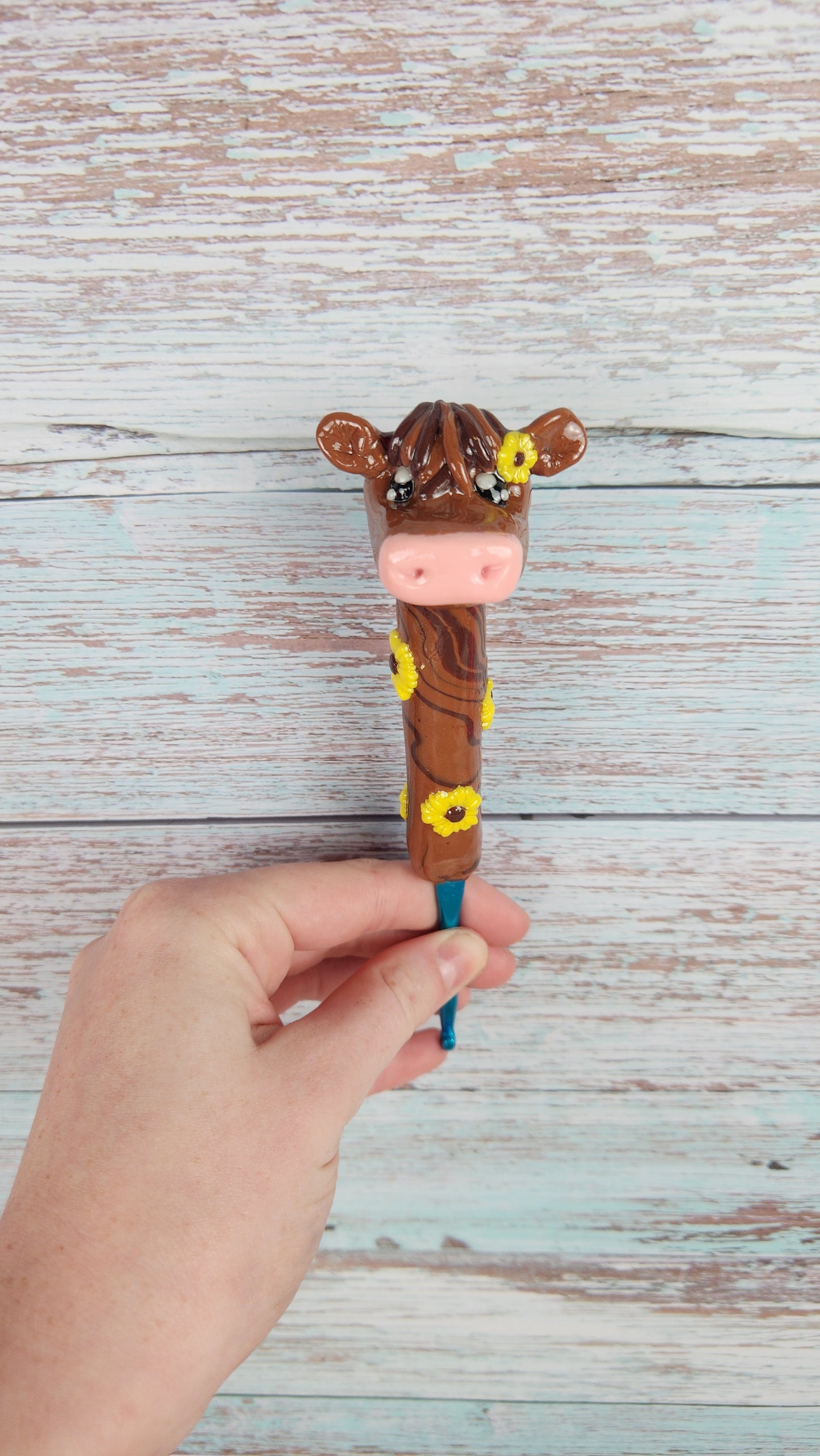 Highland Cow handsculpted clay crochet hook made to order