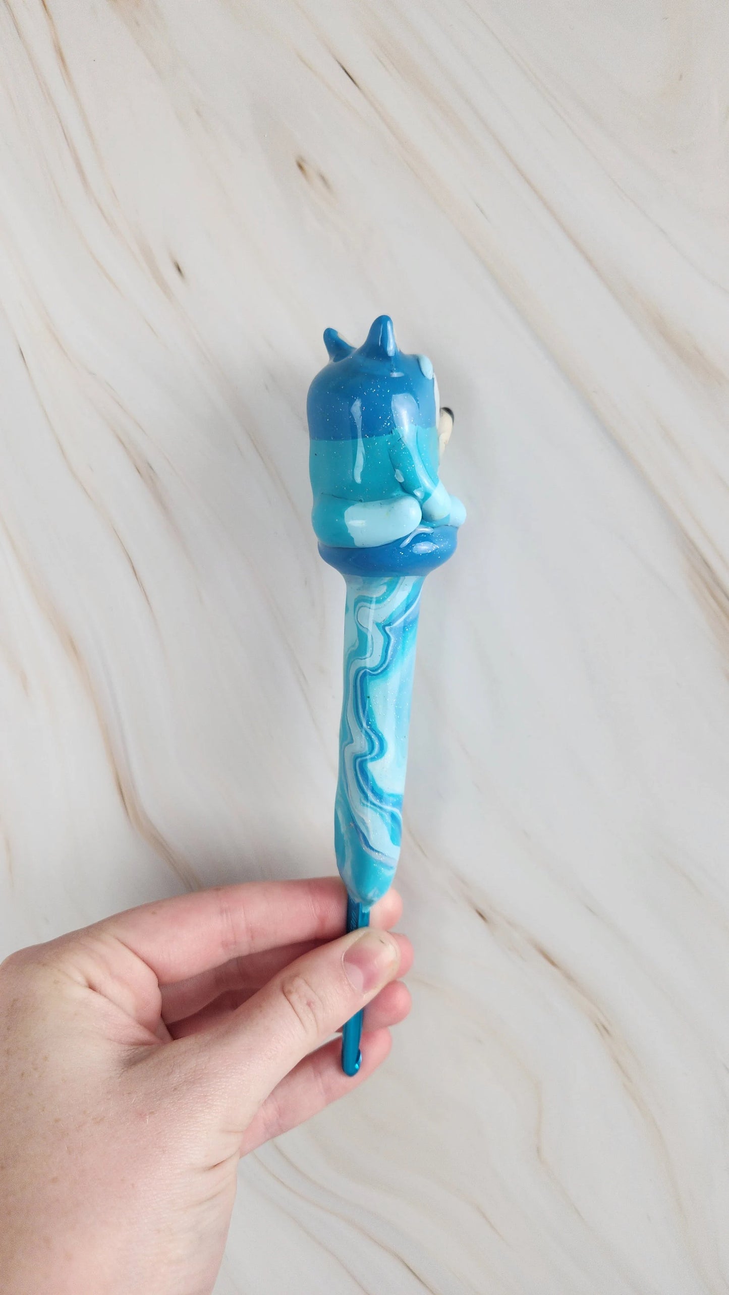 Bluey handsculpted clay crochet hook made to order