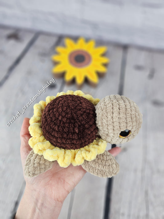 Crochet Sunflower Turtle 6" Chenille Yarn Plush Stuffed Animal Handmade