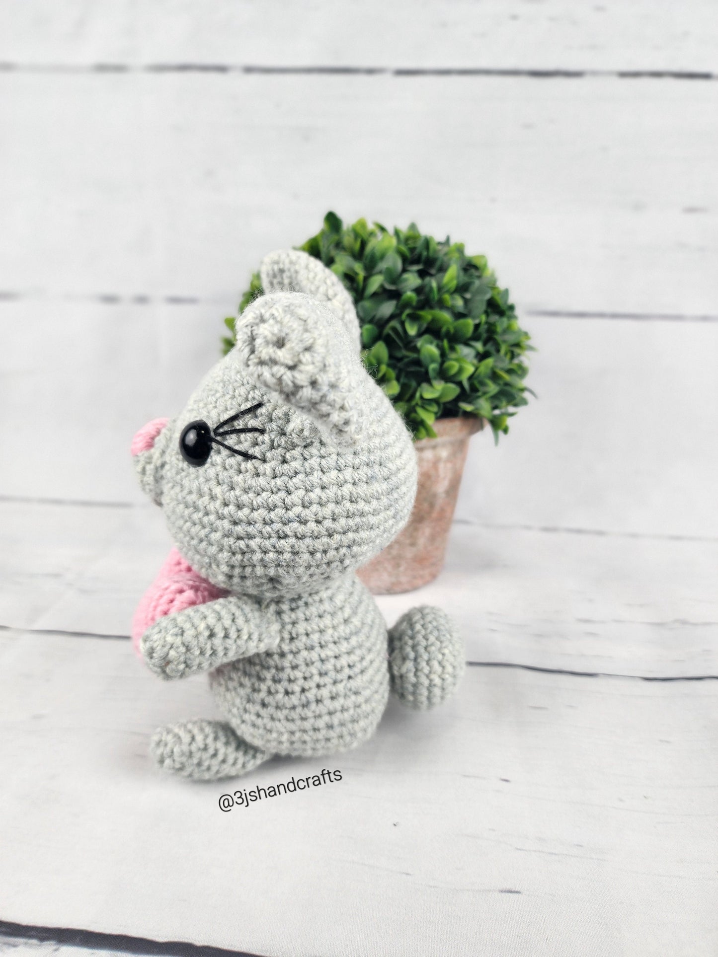 Crochet Gray Bunny with Pink Heart Acrylic Yarn Stuffed Animal Handmade