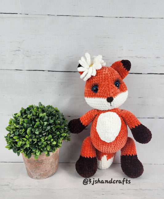 Crochet 13.5" Fox with Daisy Chenille Yarn Plush Stuffed Animal Handmade
