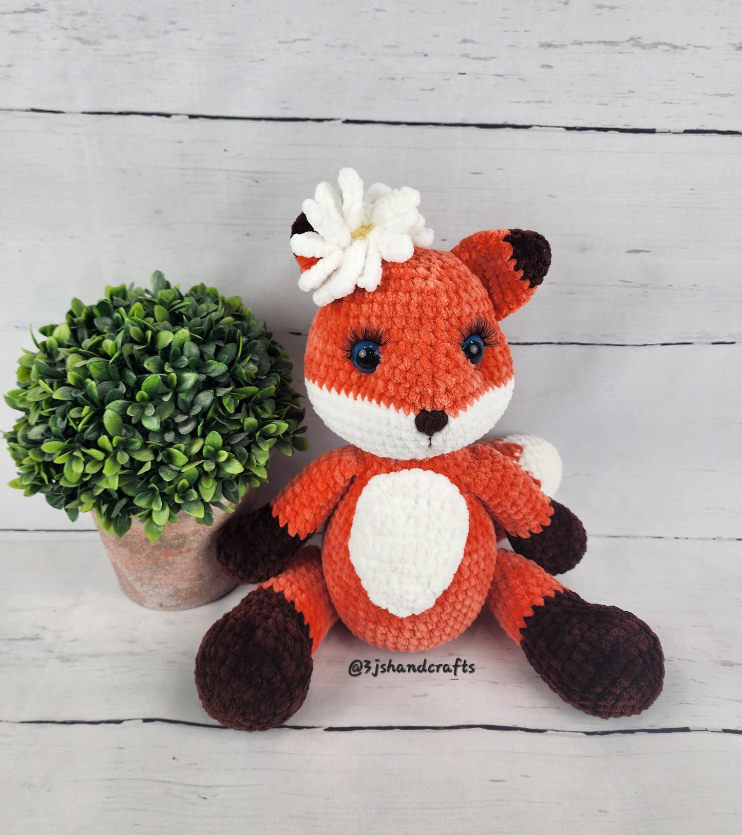Crochet 13.5" Fox with Daisy Chenille Yarn Plush Stuffed Animal Handmade