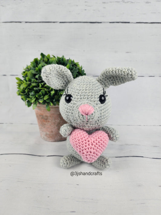 Crochet Gray Bunny with Pink Heart Acrylic Yarn Stuffed Animal Handmade