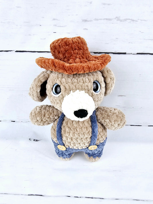 Crochet Cowboy Puppy 8" Dog Soft Plush Handmade Stuffed Toy Made to order.