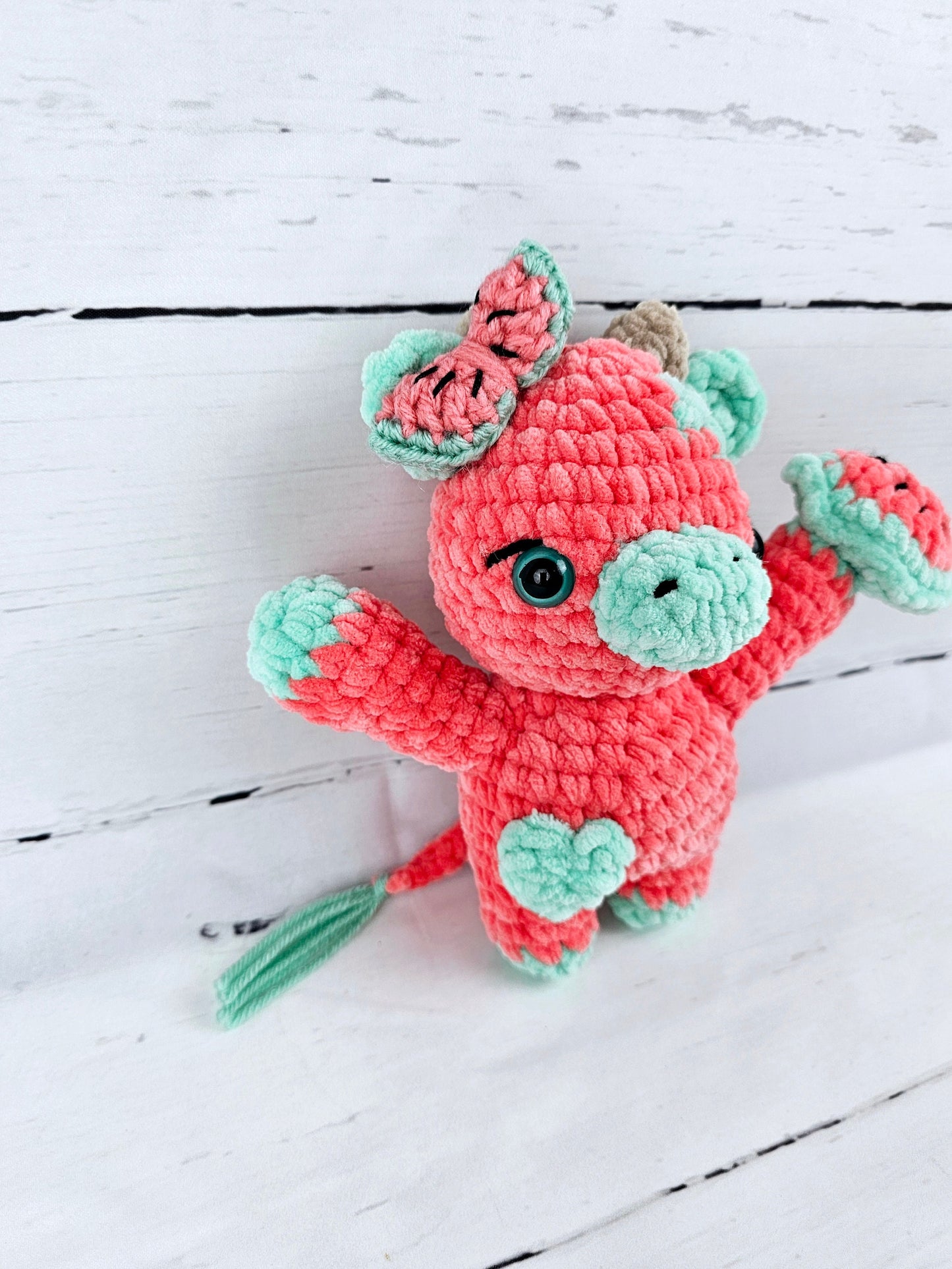Crochet 8" Watermelon Cow Theme Chenille Yarn Plush Stuffed Animal Handmade