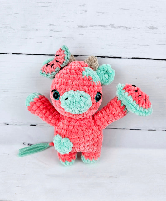 Crochet 8" Watermelon Cow Theme Chenille Yarn Plush Stuffed Animal Handmade