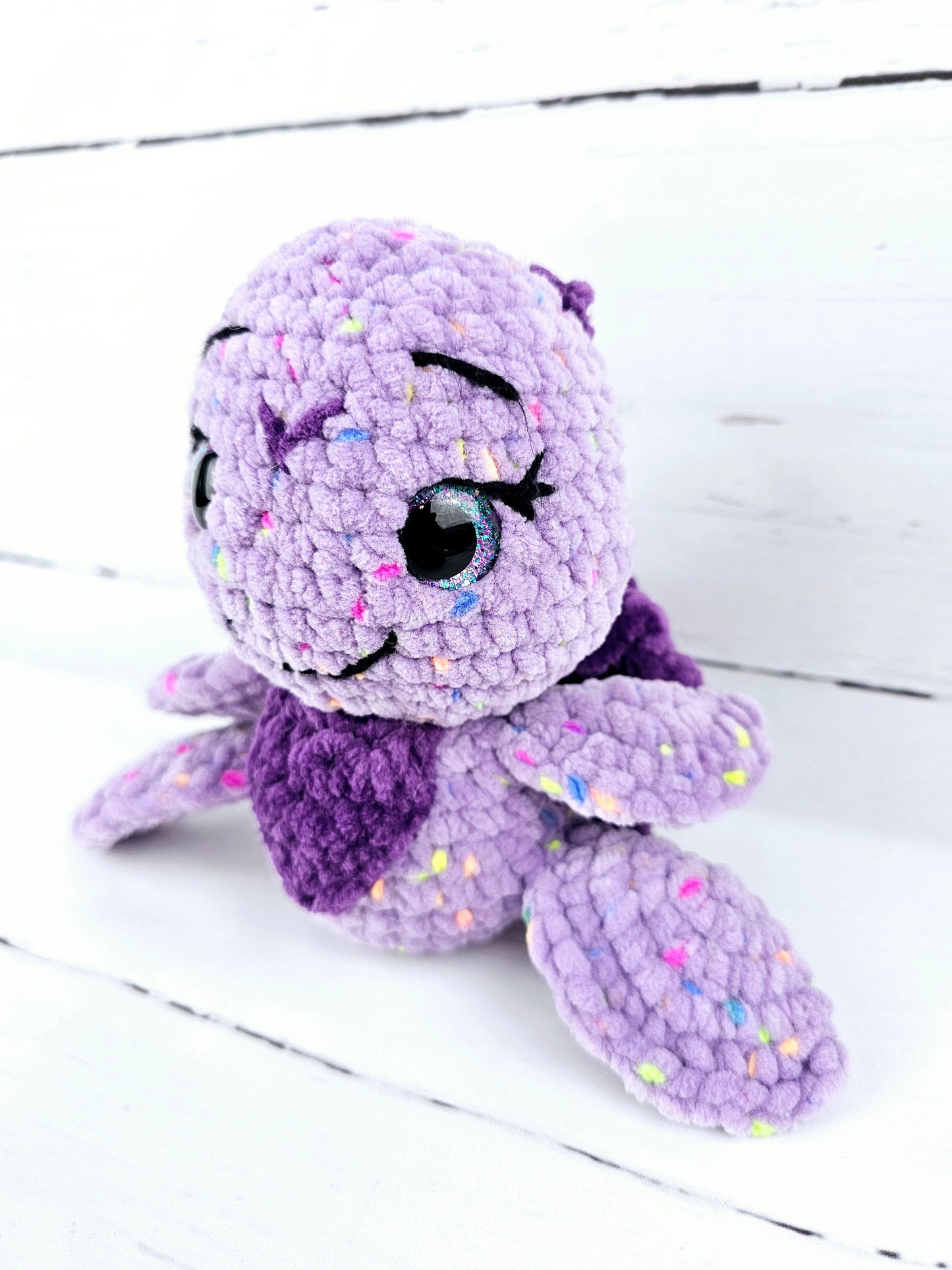 Crochet Purple Confetti Turtle 8" Chenille Yarn Plush Stuffed Animal Handmade
